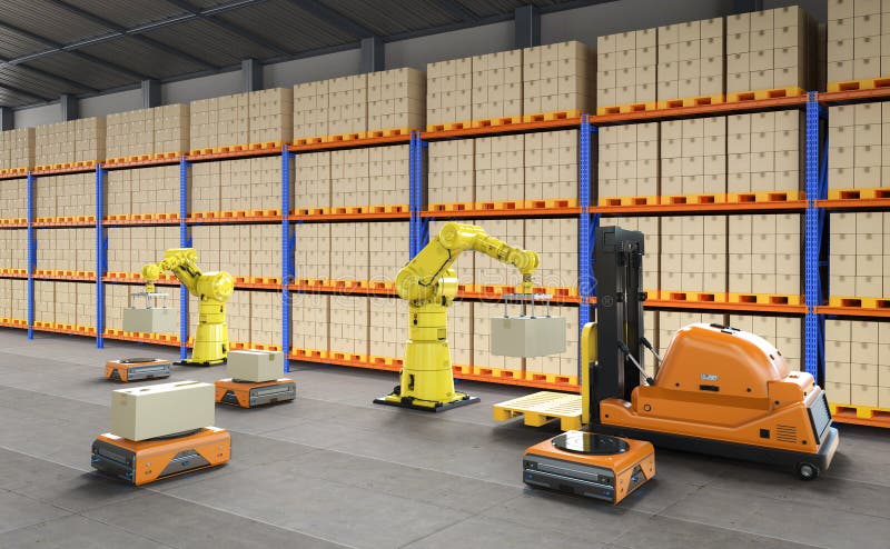 Automation factory or cargo with robot arms and warehouse robots royalty free illustration