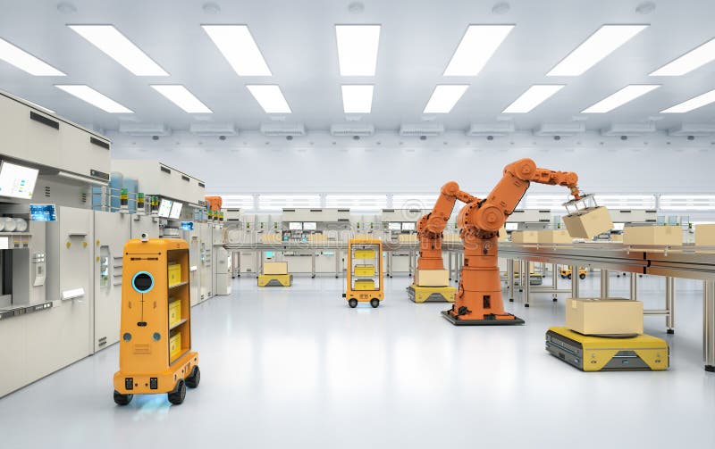 Automation factory or cargo with robot arms and warehouse robots royalty free illustration