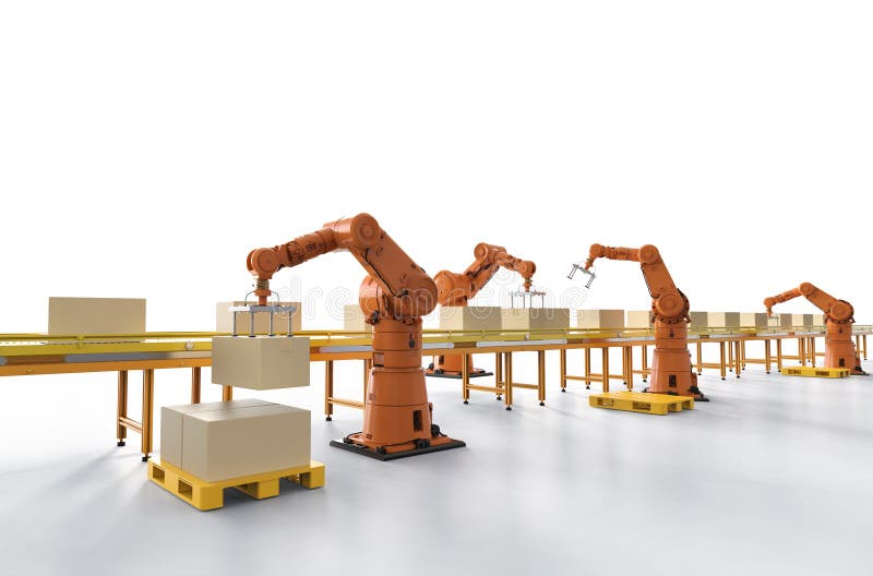 Automation factory or cargo with robot arms and warehouse robots stock illustration