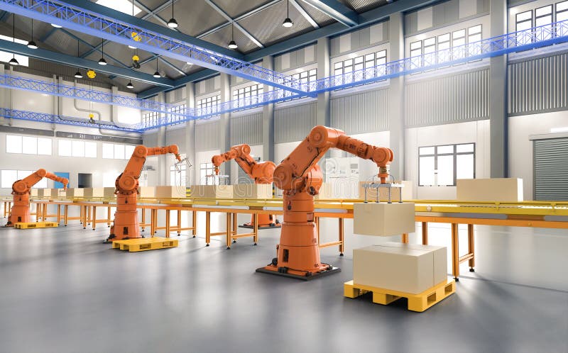 Automation factory or cargo with robot arms and warehouse robots stock illustration