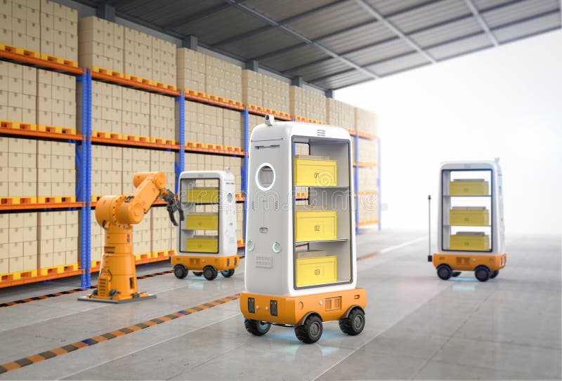 Automation factory or cargo with robot arms and warehouse robots royalty free illustration
