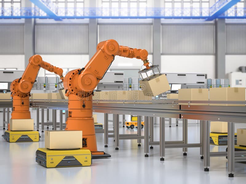 Automation factory or cargo with robot arms and warehouse robots vector illustration