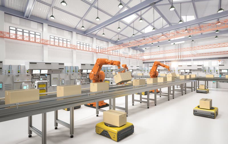 Automation factory or cargo with robot arms and warehouse robots stock illustration