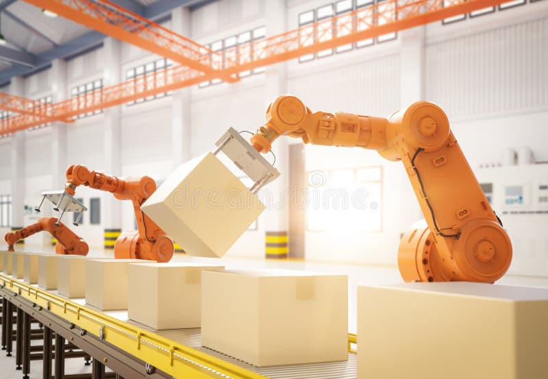 Robot assembly line with cardboard boxes stock illustration