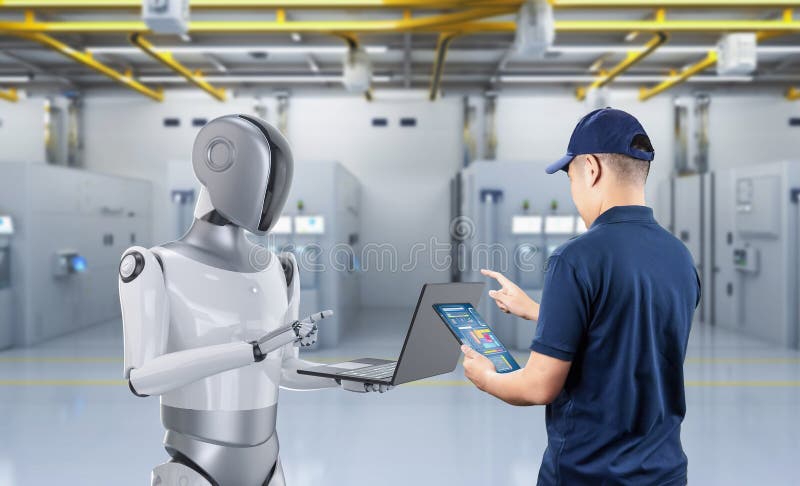 Automation industry with engineer work with assistant robot royalty free stock photos