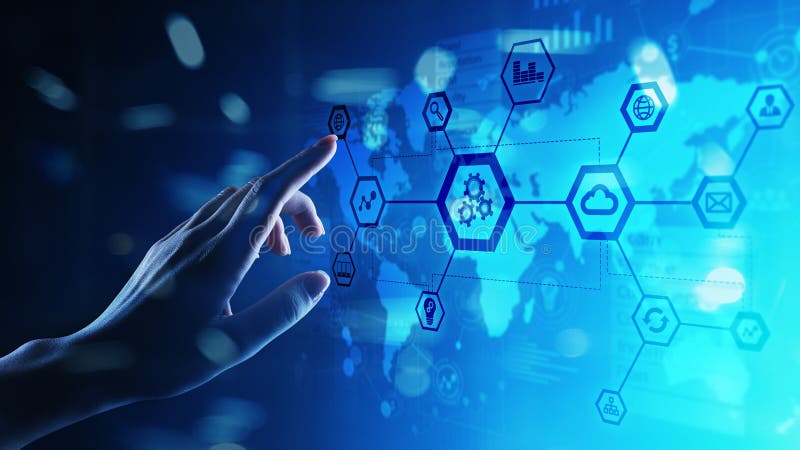 Automation and smart industry 4. 0, Internet of things, IOT, Gears and system structure on virtual screen. royalty free stock images