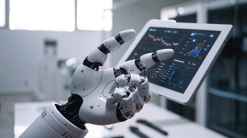 Automation statistics displayed on a digital tablet held by a robotic hand, with a close-up view in an advanced factory stock illustration