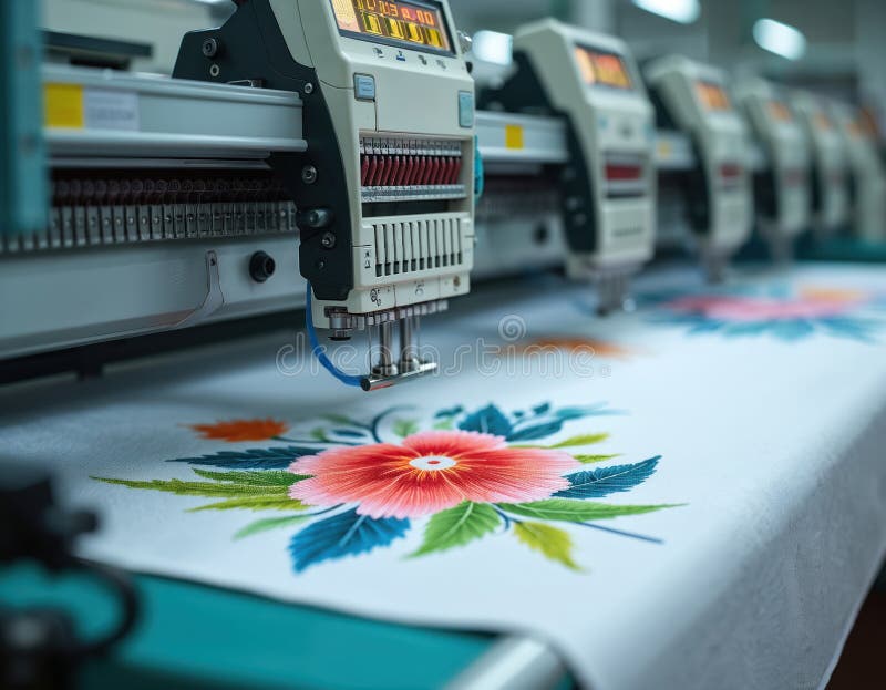 Automatiserade datorer skriver ut anpassad flordesign på väv. Precisionsteknik vid tillverkning av kläder. Automatisering av texti arkivbilder