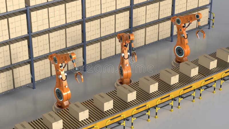 Automatiseringsbranschen med robotmonteringsrad stock illustrationer