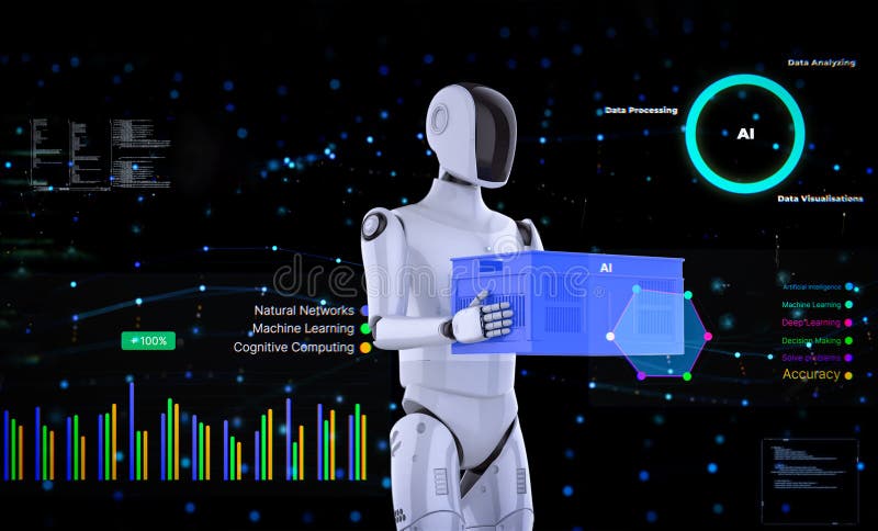 Automatiseringslager med assisterande robotarbete i lagerställe med digital grafisk visning stock illustrationer