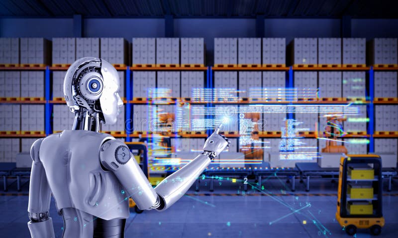 Automatiseringslager med assisterande robotarbete i lagerställe med digital grafisk visning stock illustrationer