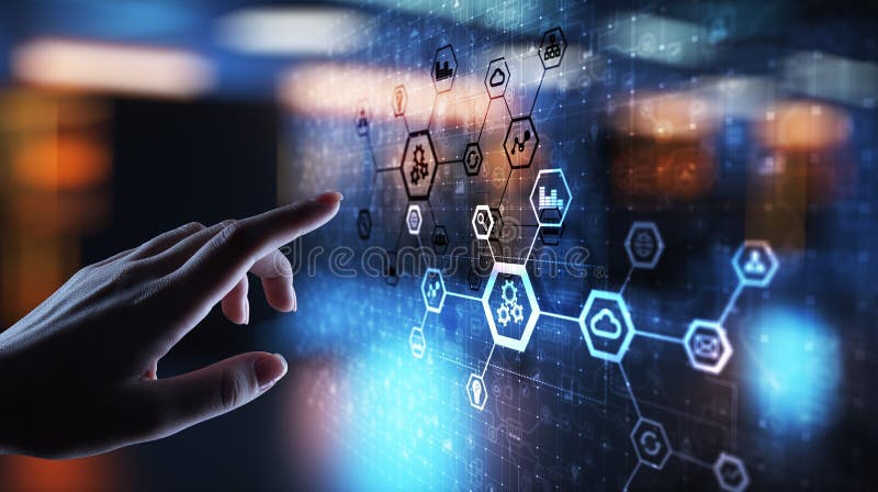 Automatiseringssystemstruktur på virtuell skärm. smart tillverkningsteknik och konceptet Internet.