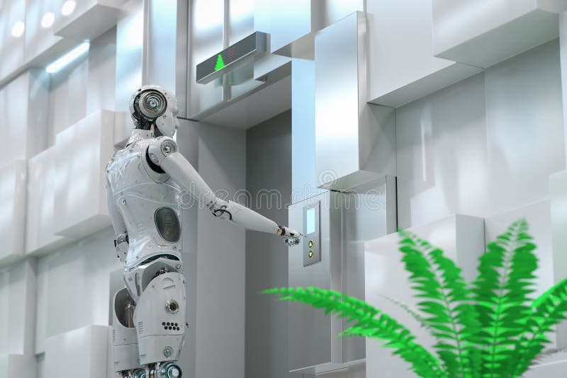 Automatisierungs-Fahrstuhl-Technologiekonzept mit Cyborg-Handdruckstuhl-Taste stock abbildung