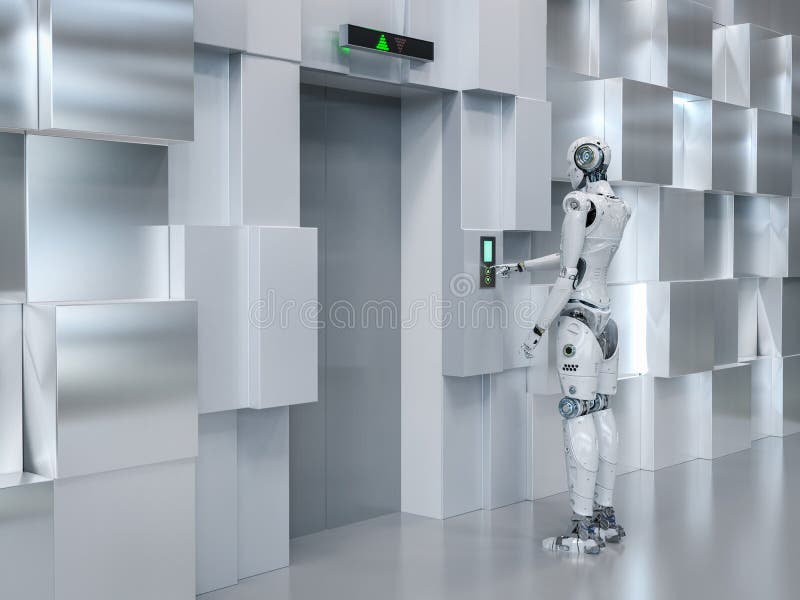 Automatisierungs-Fahrstuhl-Technologiekonzept mit Cyborg-Handdruckstuhl-Taste lizenzfreie abbildung