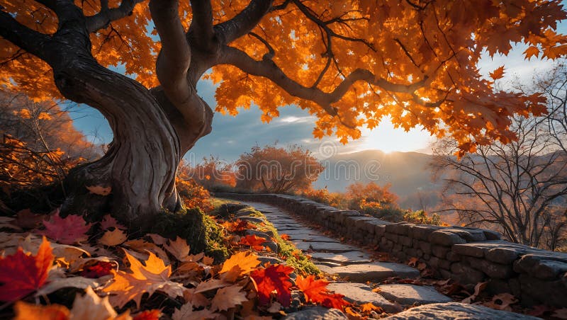 Automatisk bana under Majestic Maple Tree : A Scenia Stone Walk royaltyfri illustrationer