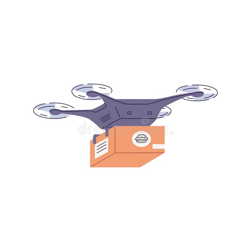 Automatisk leverans med flygtrumma. smarta datorer med kartong för matboxar som levererar paket med flyg. framtida royaltyfri illustrationer