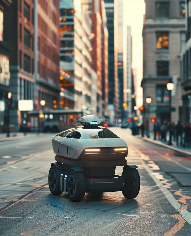 Automatisk matrobot kör ner en gatubuss på kvällen. robotureskoncept. automatiserad autonomt royaltyfri illustrationer