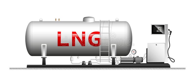 Automatisk modulfyllning med smält gas Stor cylindrisk cylinder med naturgas Kolonn med en slang för royaltyfri illustrationer Automatisk modulfyllning med smält gas Stor cylindrisk cylinder med naturgas Kolonn med en slang för royaltyfri illustrationer