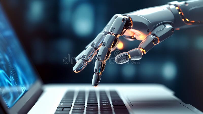 Automatisk robotrådgivning i ai chatt. Den robotstyrda handen trycker på tangentbordet på en bärbar minidator. vektor illustrationer