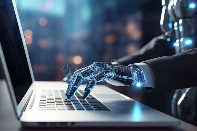 Automatiska robothänder med artificiell intelligens pekar på den bärbara knapprådgivaren chatbot robotic Intelligence-koncept stock illustrationer