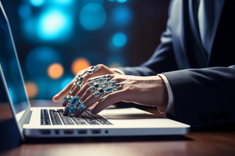 Automatiska robothänder med artificiell intelligens pekar på tangentbordsrådgivare för bärbara datorer, chatbot robotic artificiti royaltyfri illustrationer