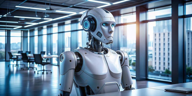 Automatizare avansată într-un spațiu de lucru modern Office A Futuristic, dotat cu robotică inteligentă și design cutting Edge stock illustration