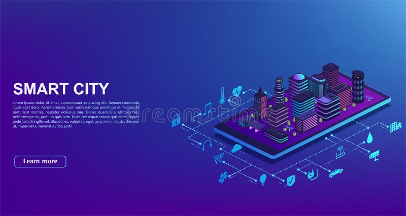 Automatizare inteligentă a orașelor de la smartphone. conceptul de tehnologie a sistemului de management al clădirilor pentru Iot. stock illustration