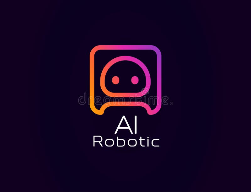 Automatyczne logo AI z uroczą twarzą robota w ramce kwadratowej błyszczącej gradientowo. Idealny dla wirtualnych asystentów aplika ilustracji