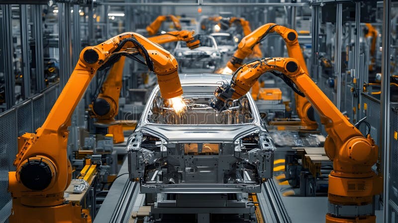 Automatyczne montowanie broni robotycznej w nowoczesnej fabrycznej linii produkcyjnej obraz royalty free