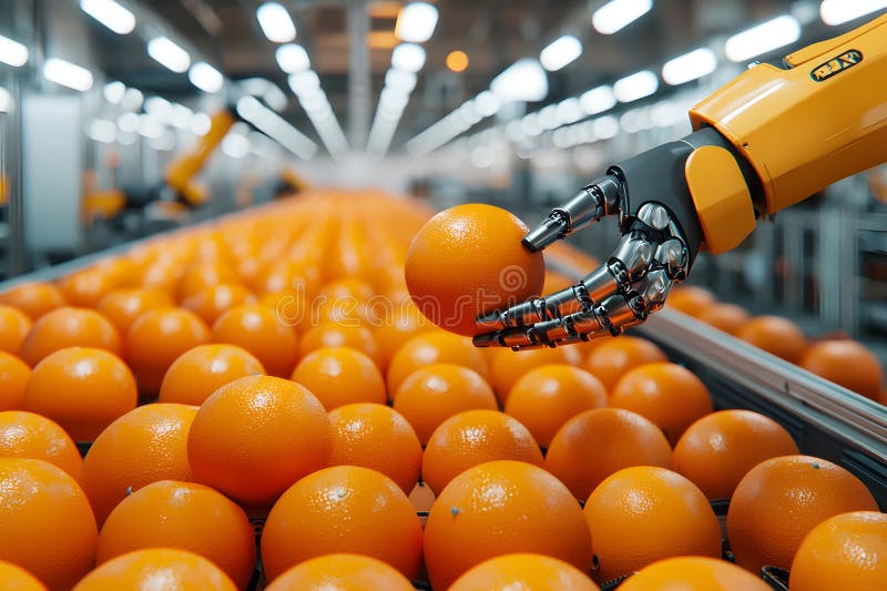 Automazione robotica della raccolta arancione nell'industria di trasformazione degli agrumi illustrazione di stock