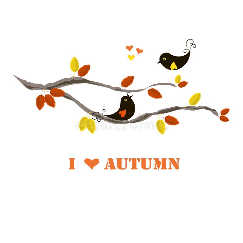 Automne d'amour de la bannière I de typographie, oiseaux noirs sur la branche avec l'orange et feuilles de jaune illustration libre de droits Automne d'amour de la bannière I de typographie, oiseaux noirs sur la branche avec l'orange et feuilles de jaune illustration libre de droits