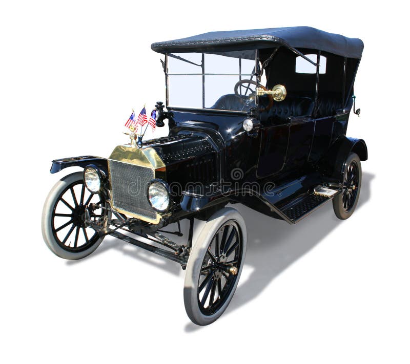 Antique Vintage Ford Model-T Automobile- Black Single 3/4 Front view. over white with clipping path. Antique Vintage Ford Model-T Automobile- Black Single 3/4 Front view. over white with clipping path