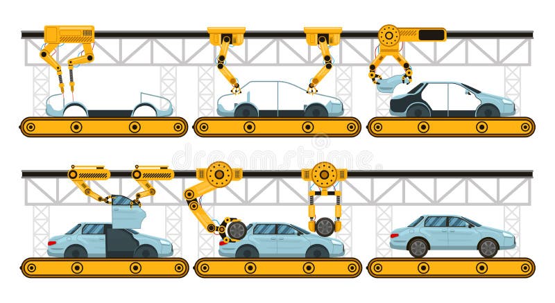 Automobile assembly. Factory car assembly conveyor, manufacturing robotic arms automotive, industrial automation process royalty free illustration