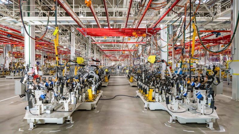 Automobile assembly line production. The car assembly line is not assembled to complete the car skeleton