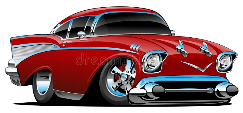 Automobile classica del muscolo della barretta calda 57, basso profilo, grandi gomme ed orli, rosso della mela di caramella, illu illustrazione di stock Automobile classica del muscolo della barretta calda 57, basso profilo, grandi gomme ed orli, rosso della mela di caramella, illu illustrazione di stock