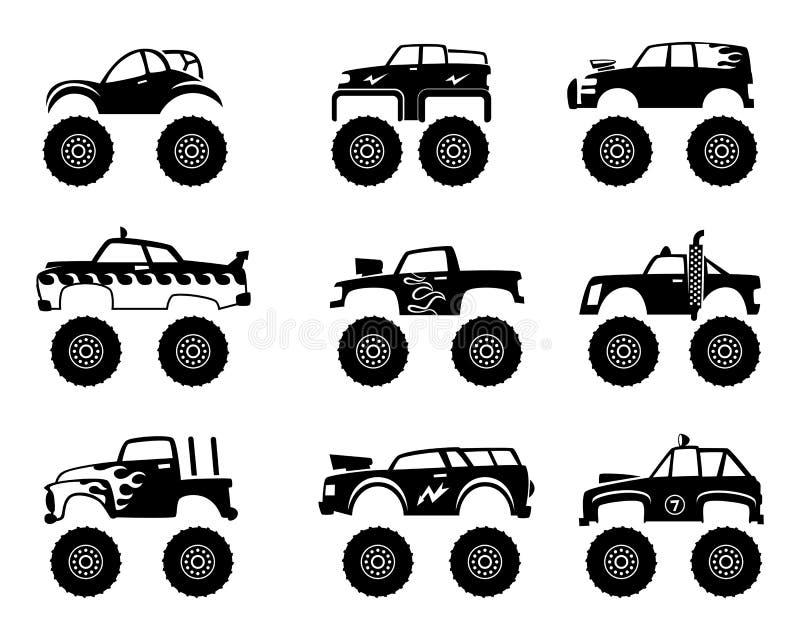 Monster truck automobile. Big tires and wheels off road cartoon car toy for kids vector monochrome black illustrations isolated. Monster automobile truck collection. Monster truck automobile. Big tires and wheels off road cartoon car toy for kids vector monochrome black illustrations isolated. Monster automobile truck collection