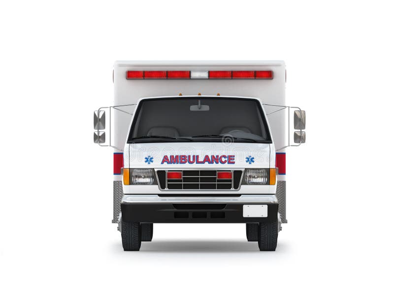 Automobile dell'ambulanza su cenni storici bianchi. Front View