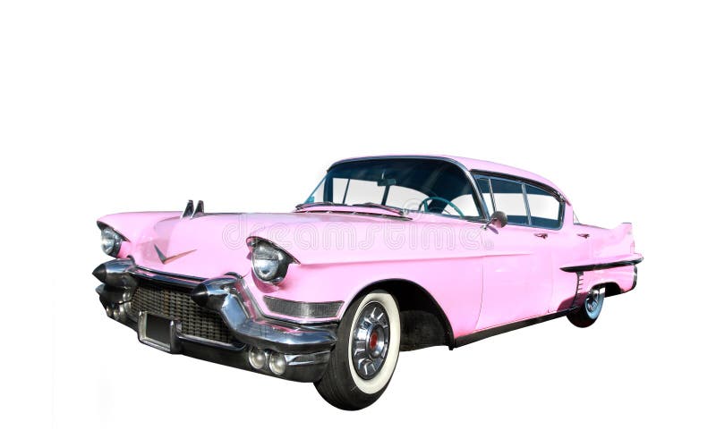 Classic pink car at beach on white background. Classic pink car at beach on white background