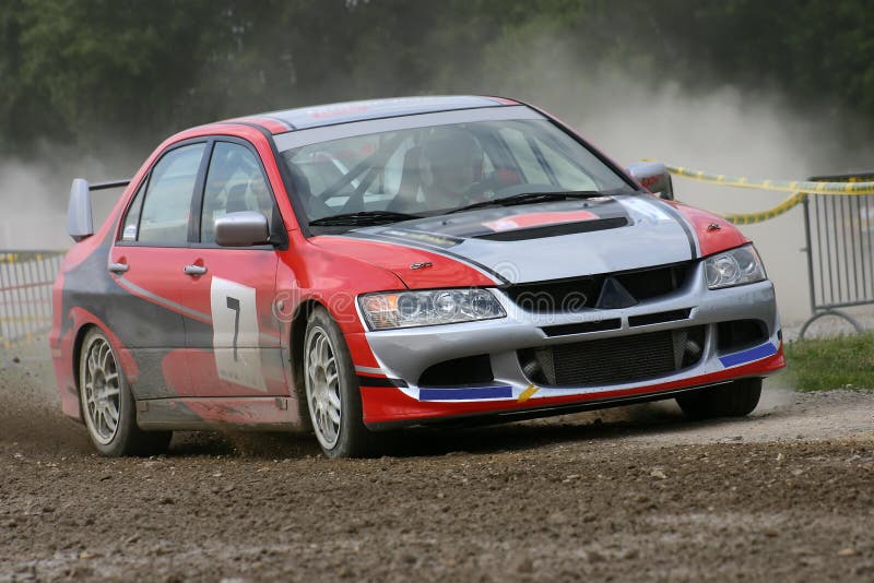 Rally car in action on gravel special stage. Rally car in action on gravel special stage