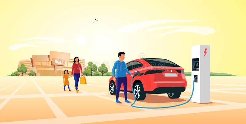 Automobile elettrica di carico Suv mentre acquisto della famiglia al centro commerciale illustrazione di stock Automobile elettrica di carico Suv mentre acquisto della famiglia al centro commerciale illustrazione di stock