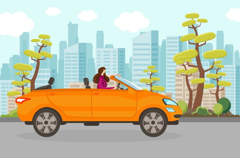 Automobile felice del cabriolet di guida della donna nel giorno di estate illustrazione vettoriale Automobile felice del cabriolet di guida della donna nel giorno di estate illustrazione vettoriale