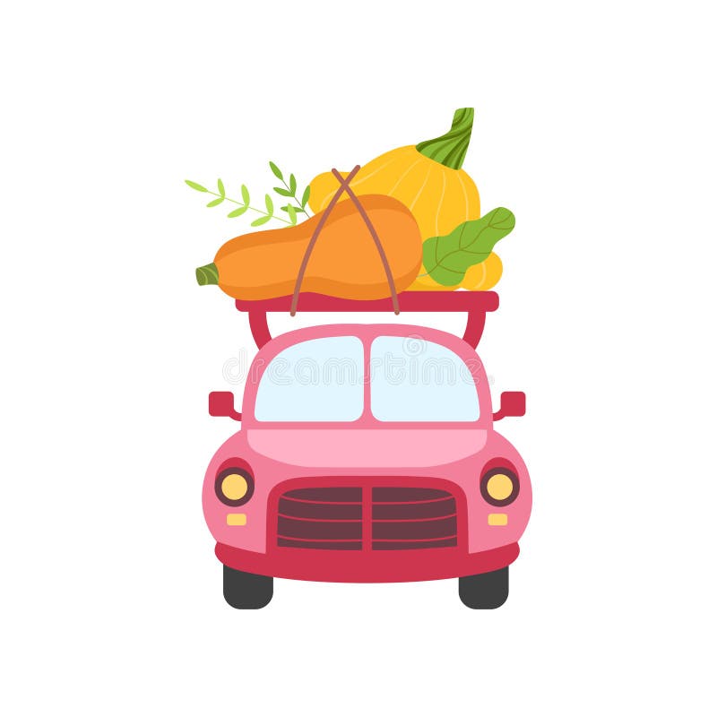 Automobile rosa sveglia con lo zucchini e la zucca, Front View, consegna dell'alimento, spedizione del vettore fresco delle verdu royalty illustrazione gratis