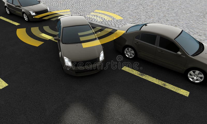 Automobili autonome su una strada con collegamento visibile illustrazione vettoriale Automobili autonome su una strada con collegamento visibile illustrazione vettoriale
