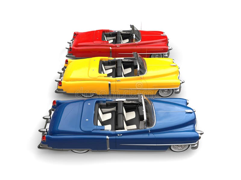 Automobili di potere d'annata fresche - colori primari - vista laterale illustrazione di stock