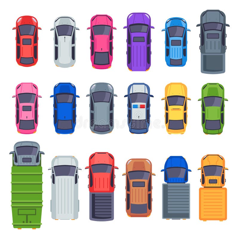 Automobili di vista superiore Tetto automatico di trasporto, del camion e dell'automobile Insieme isolato piano dell'illustrazion illustrazione di stock Automobili di vista superiore Tetto automatico di trasporto, del camion e dell'automobile Insieme isolato piano dell'illustrazion illustrazione di stock