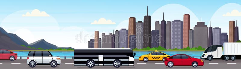 Automobili e bus del passeggero che guida la strada della strada principale dell'asfalto sopra bello paesaggio urbano dei grattac illustrazione di stock Automobili e bus del passeggero che guida la strada della strada principale dell'asfalto sopra bello paesaggio urbano dei grattac illustrazione di stock