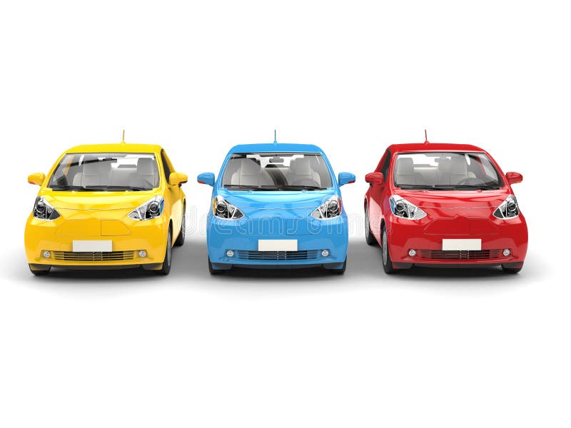 Automobili elettriche urbane compatte moderne nei colori primari - vista frontale royalty illustrazione gratis