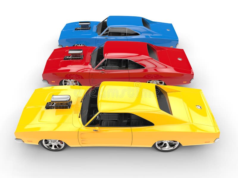 Automobili fresche del muscolo - colori primari - vista laterale superiore royalty illustrazione gratis