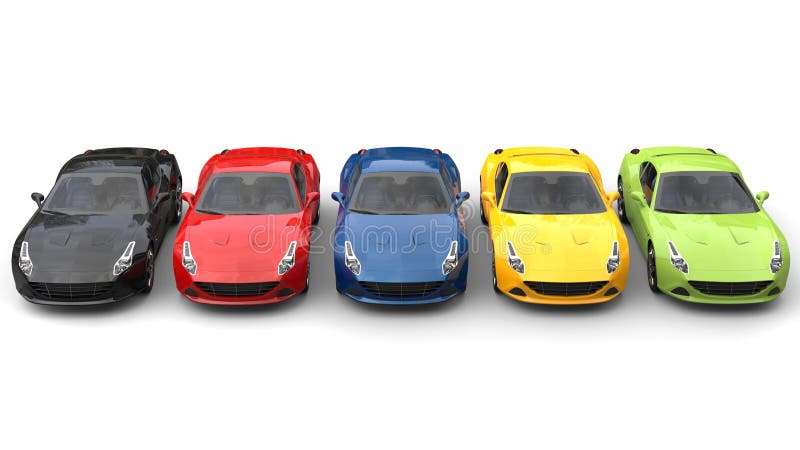 Automobili sportive spettacolari in vari colori - completi giù la vista fotografia stock libera da diritti Automobili sportive spettacolari in vari colori - completi giù la vista fotografia stock libera da diritti