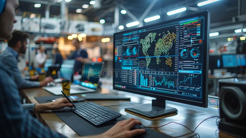 Automotive engineer analyzing vehicle data using computer asoftware.